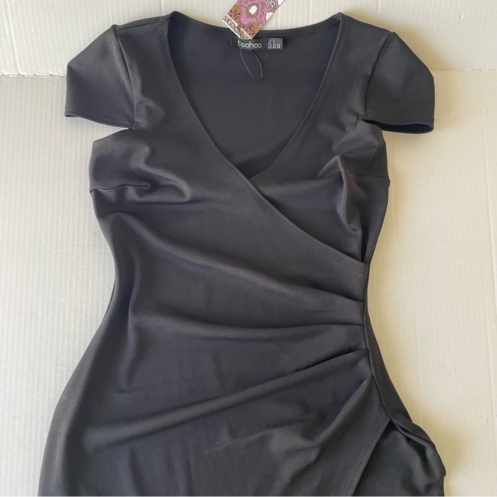 Boohoo Black Asymmetrical Wrap Dress Rushed Waist Little Black Dress Cap Sleeves - Picture 10 of 16